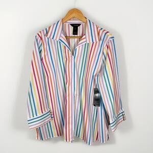 Ali Miles Womens Blouse rainbow Striped L Colorful 3/4 Sleeve Preppy Lightweight